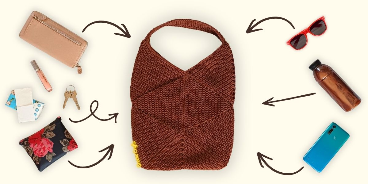 everyday items carried in a crochet bag