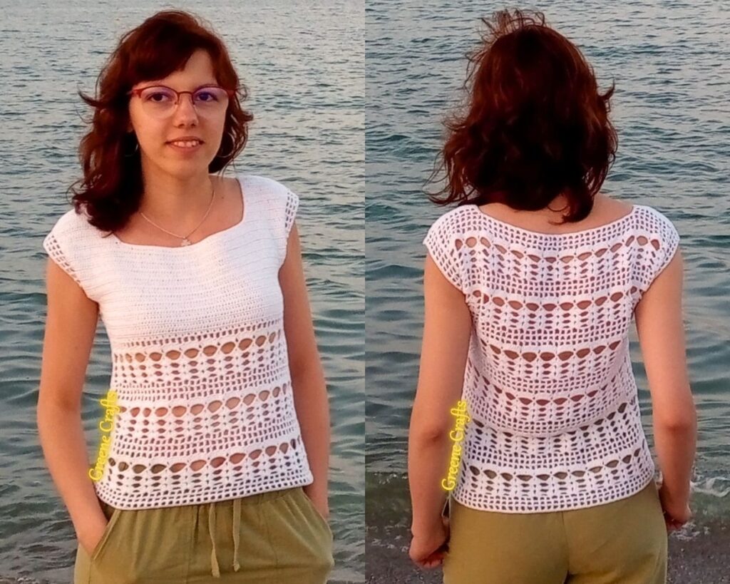 Woman wearing the Summer Breeze crochet top at the beach