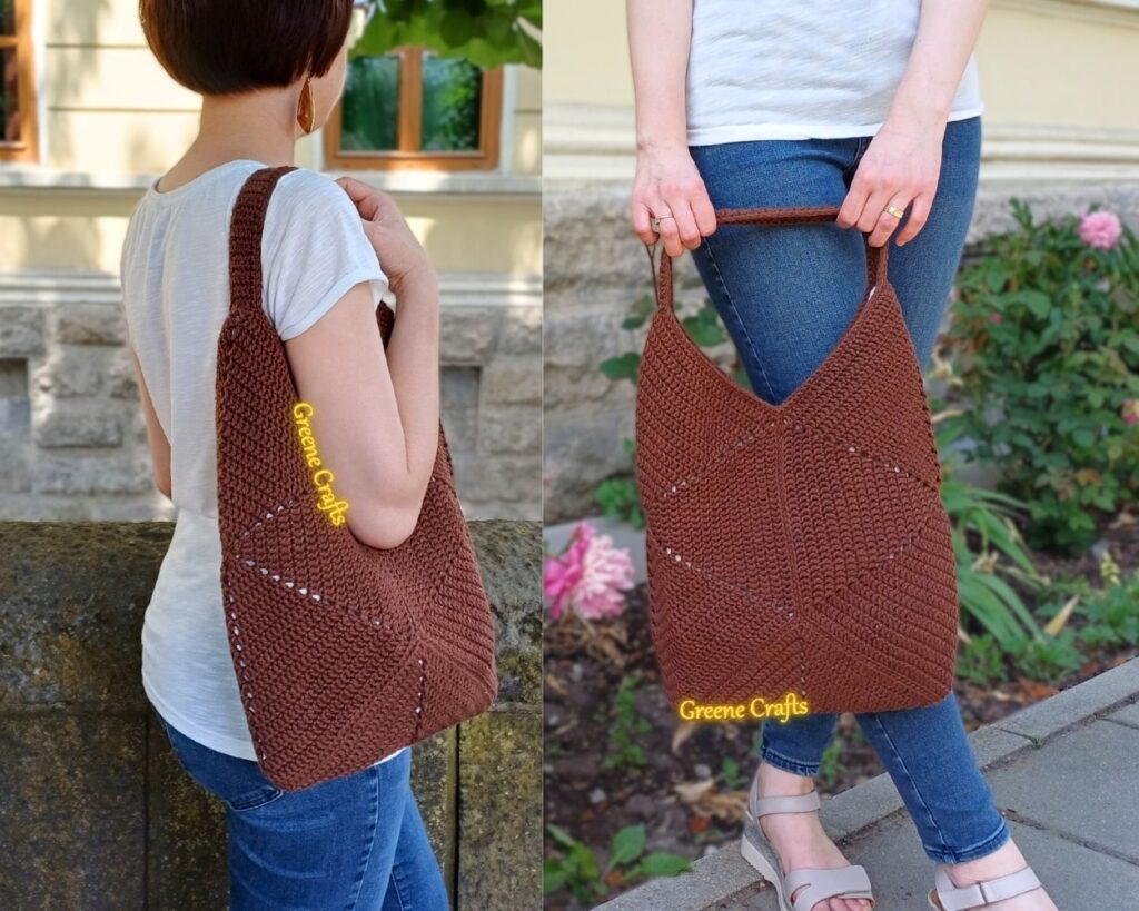 woman wearing handmade crochet shoulder bag
