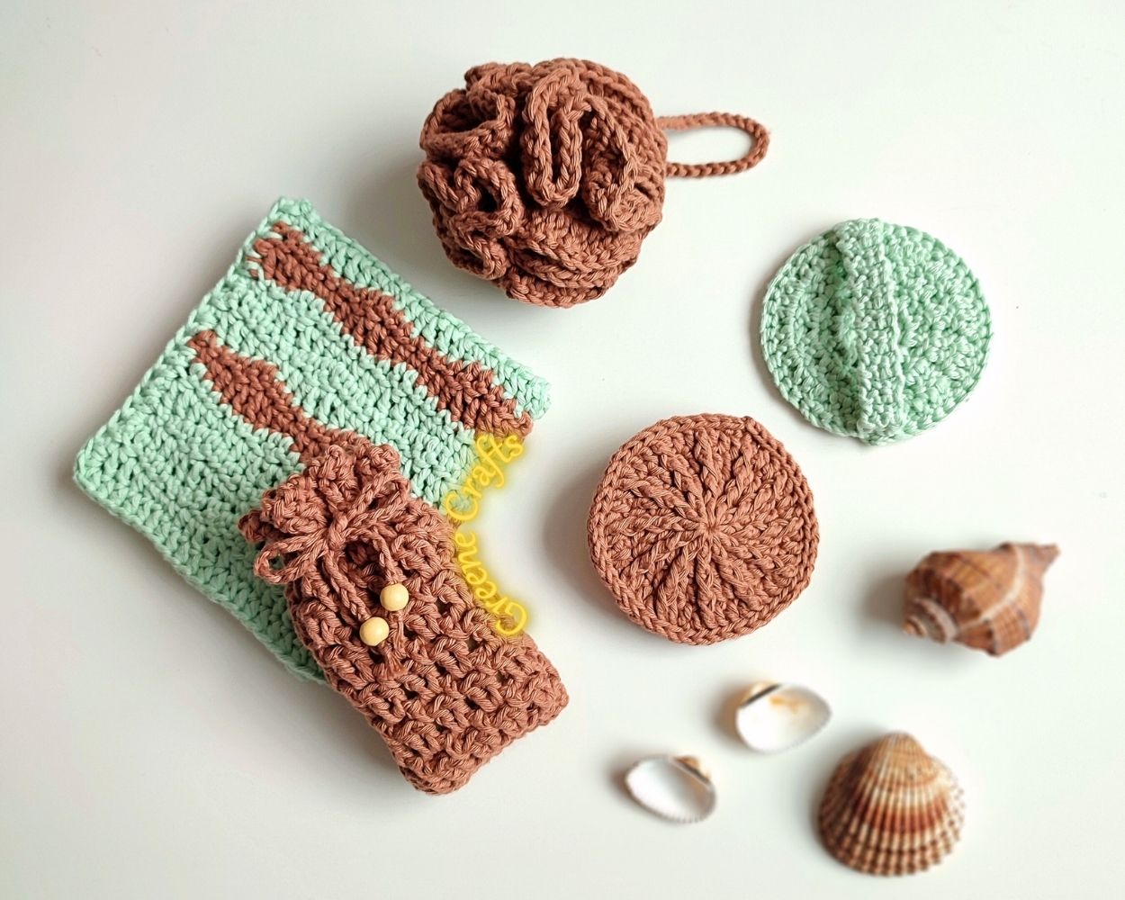 Crochet Pattern: Mint and Choco Spa Set - Face Scrubbies, Bath Pouf, Soap Saver, Washcloth