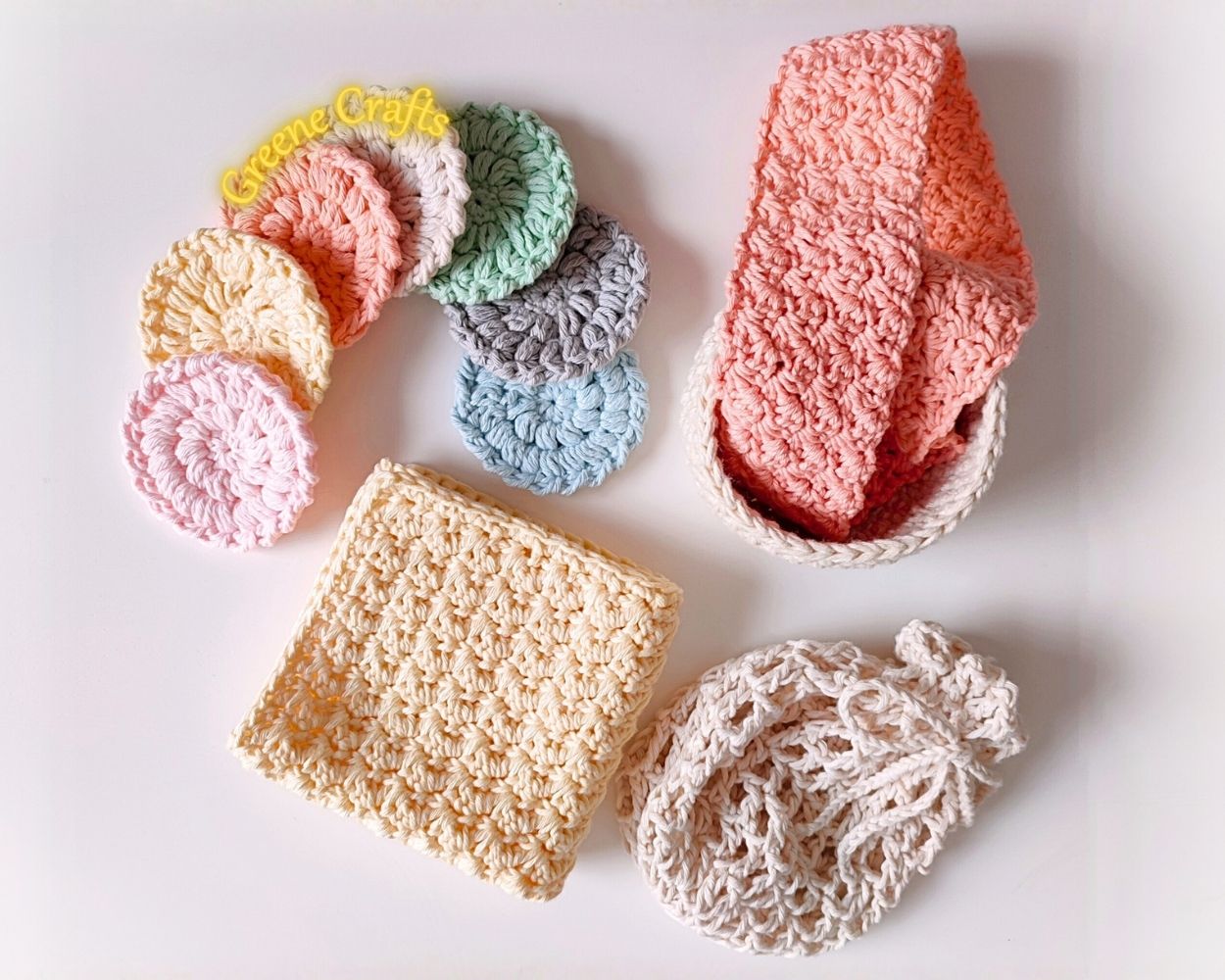Crochet Pattern: Pastel Spa Set - Face Scrubbies, Basket, Mesh Bag & Washcloth
