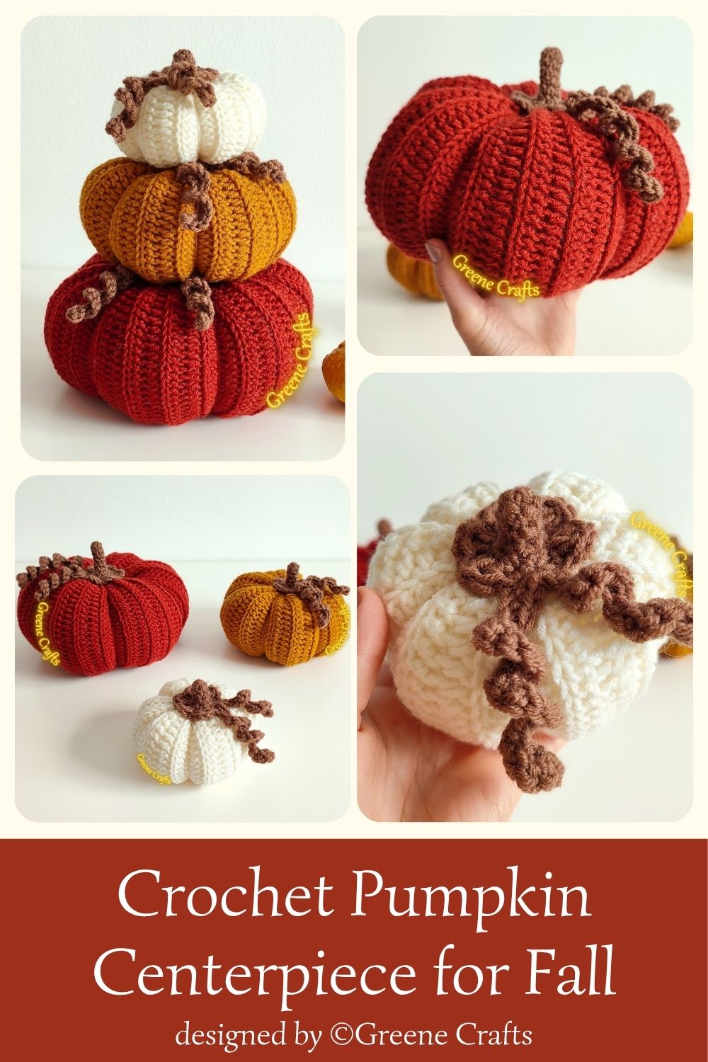 collage showing the stacked crochet pumpkins, decorated with crochet stems and tendrils