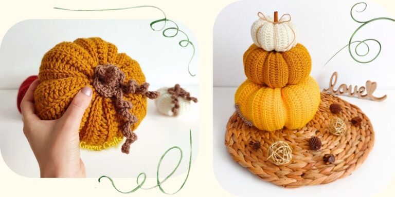 closeup of crochet pumpkin with crochet stem and tendrils