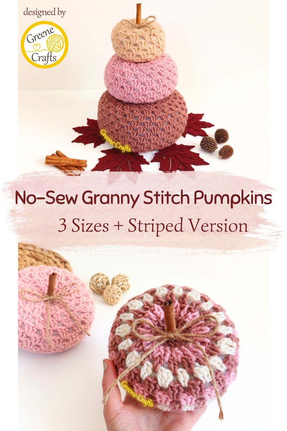 collage showing no-sew granny stitch pumpkins, showing them stacked, and a closeup of the striped version