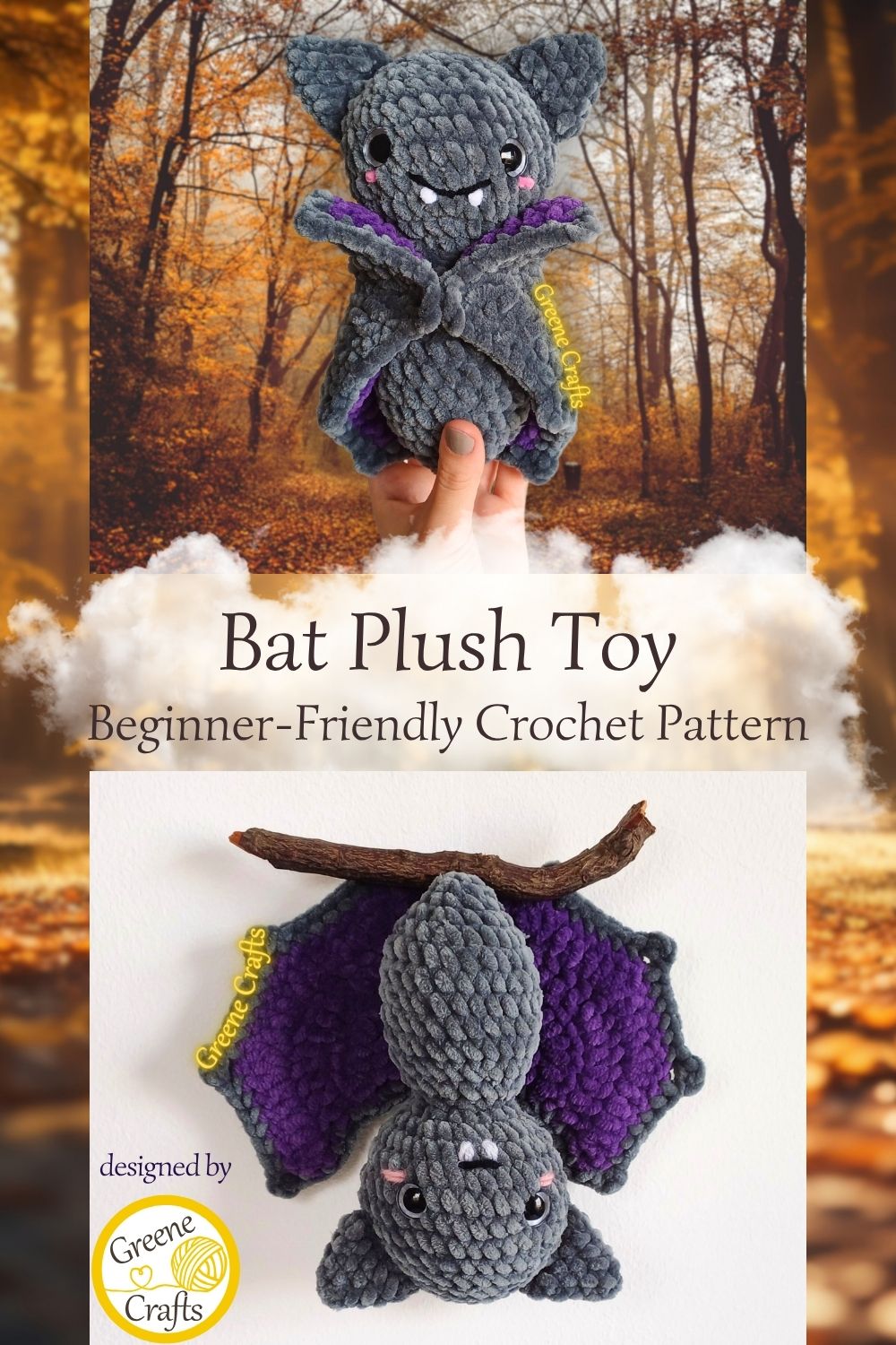 collage of bat plush toy held in hand and hanging upside down