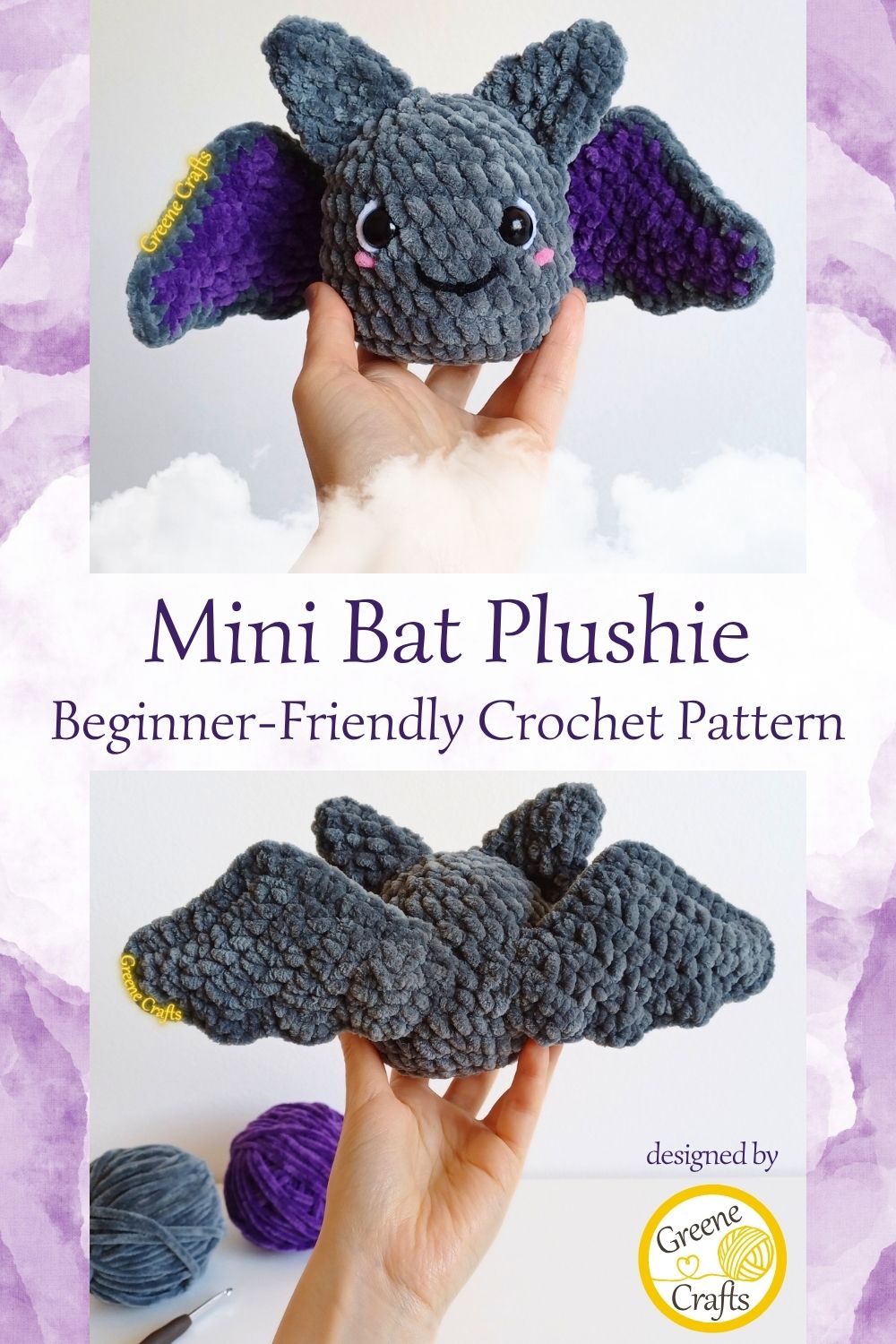 collage of mini bat amigurumi held in hand front and back view