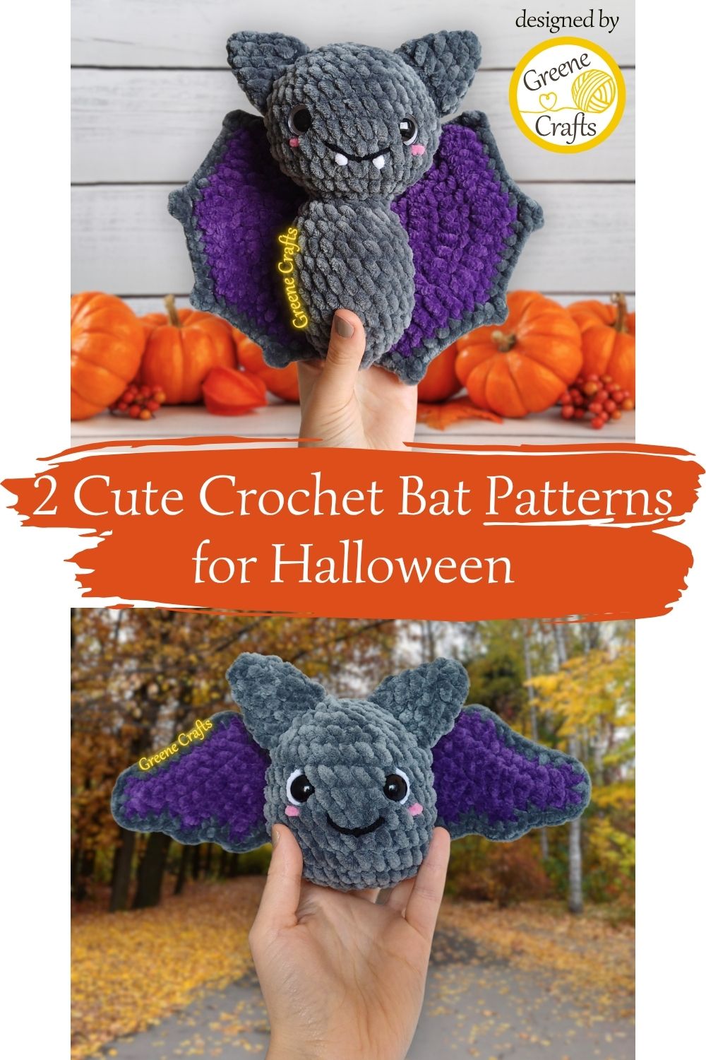 front view of two crochet bats for halloween