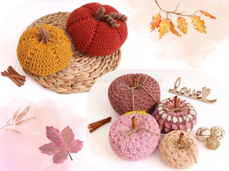 collage of no sew crochet pumpkins