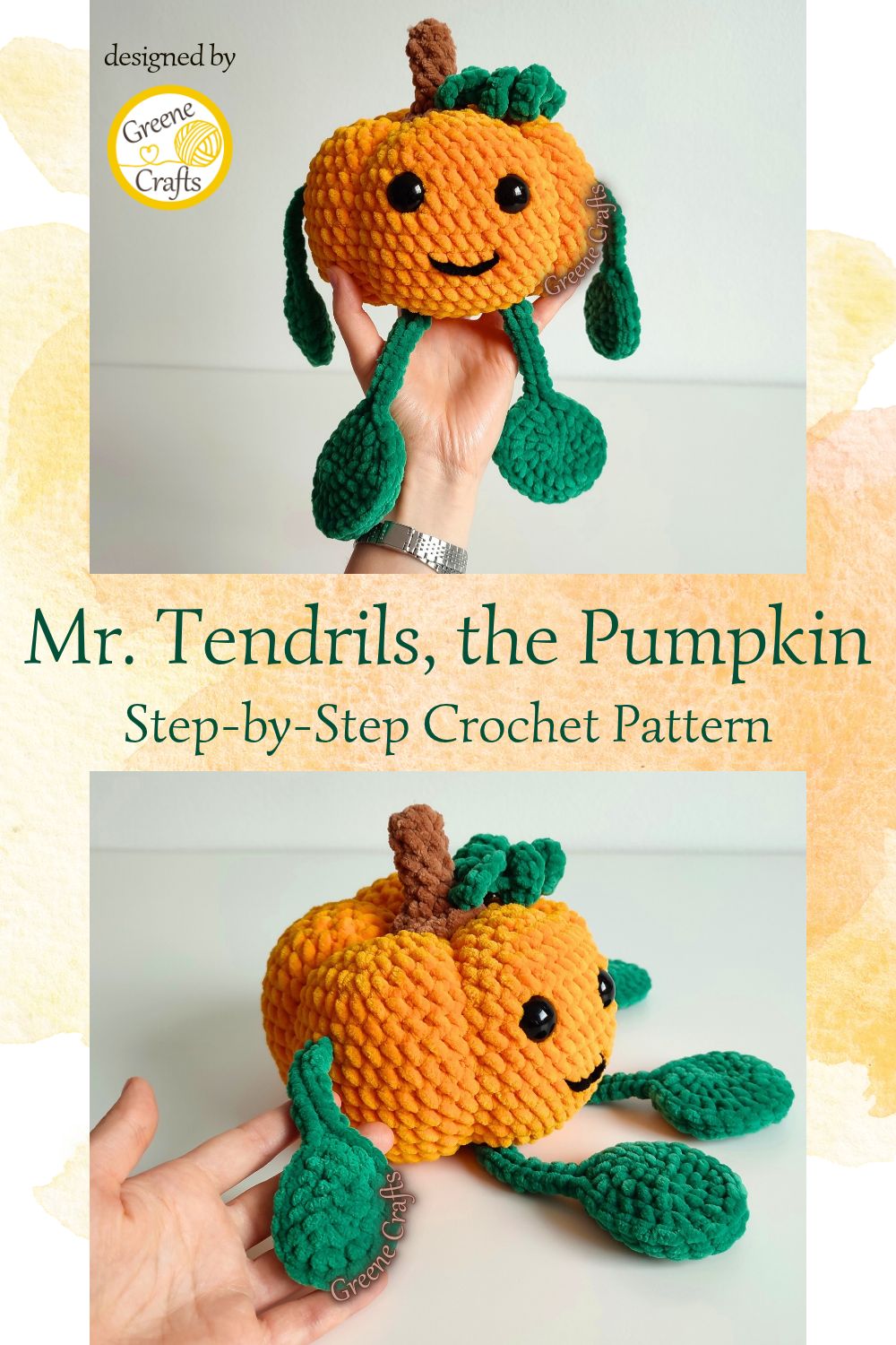 collage showing mr tendrils, the pumpkin held in hand from the front and from the side