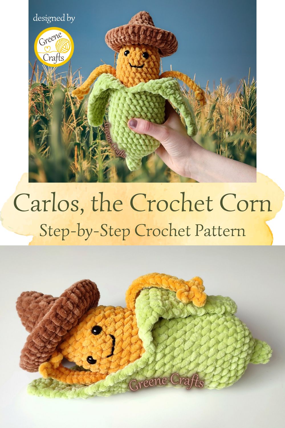 collage showing the crochet corn held in hand and laying on a table