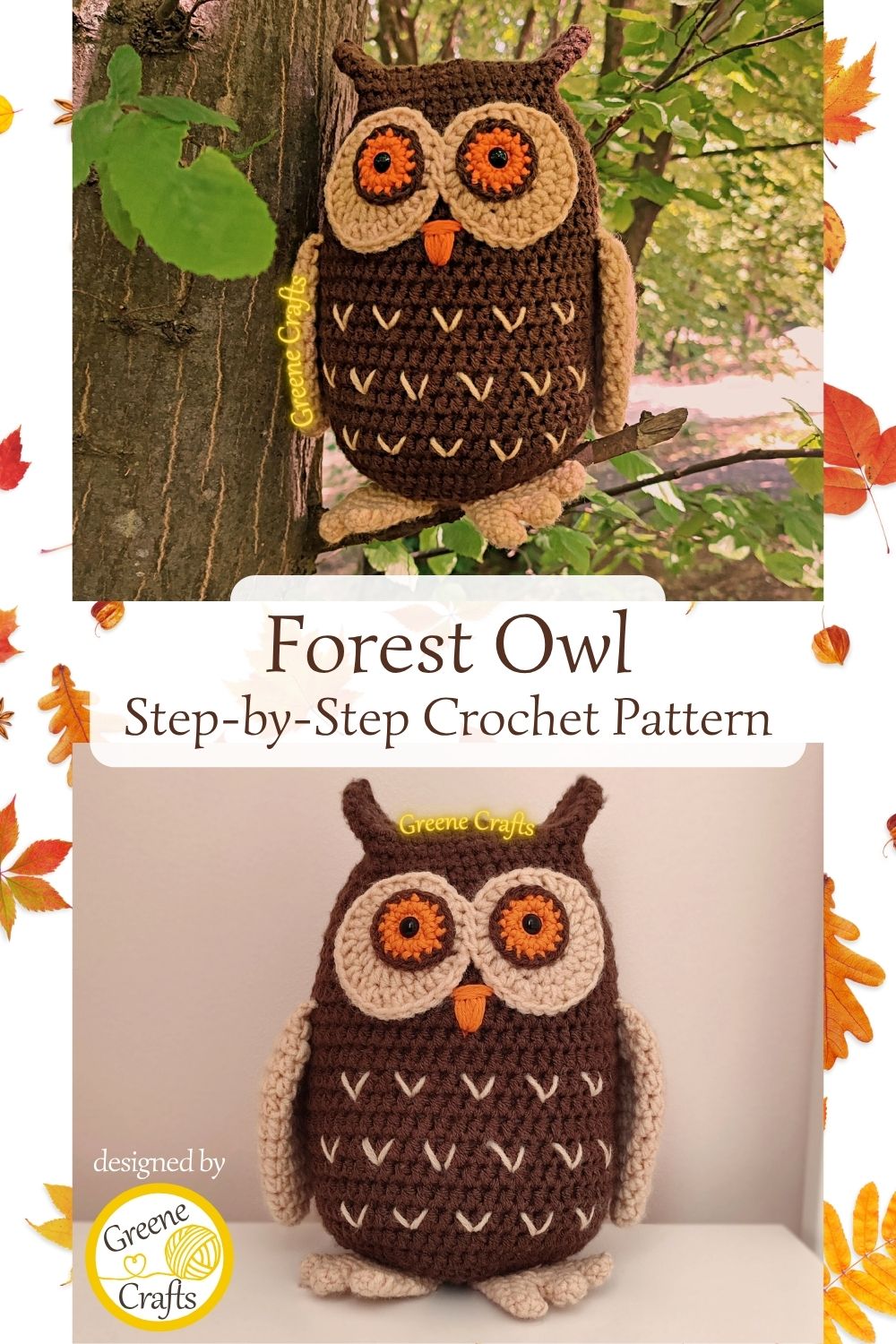 collage showing the crochet owl on a tree and on a table