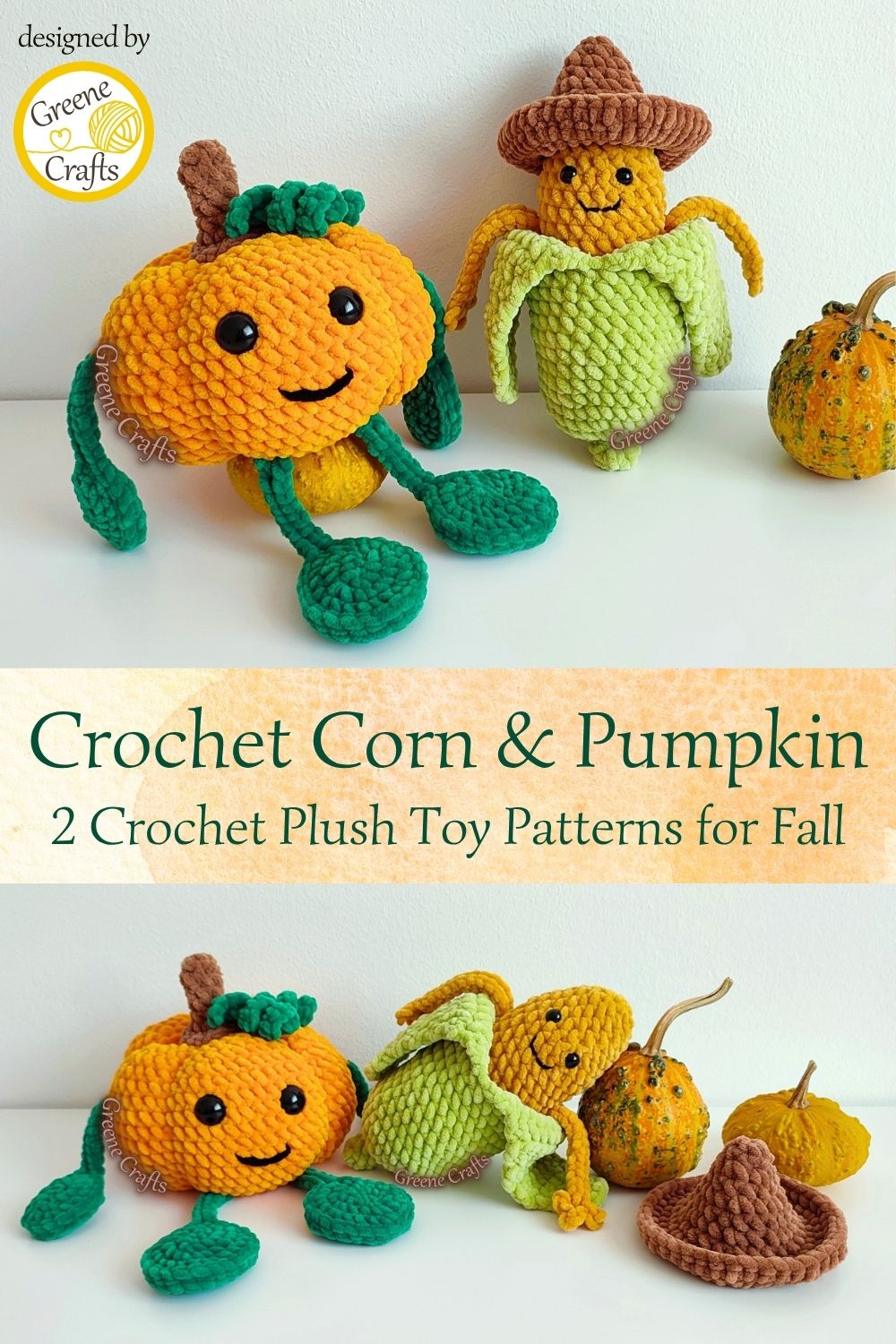 collage showing the crochet patterns mr tenfrils the pumpkin and carlos the corn