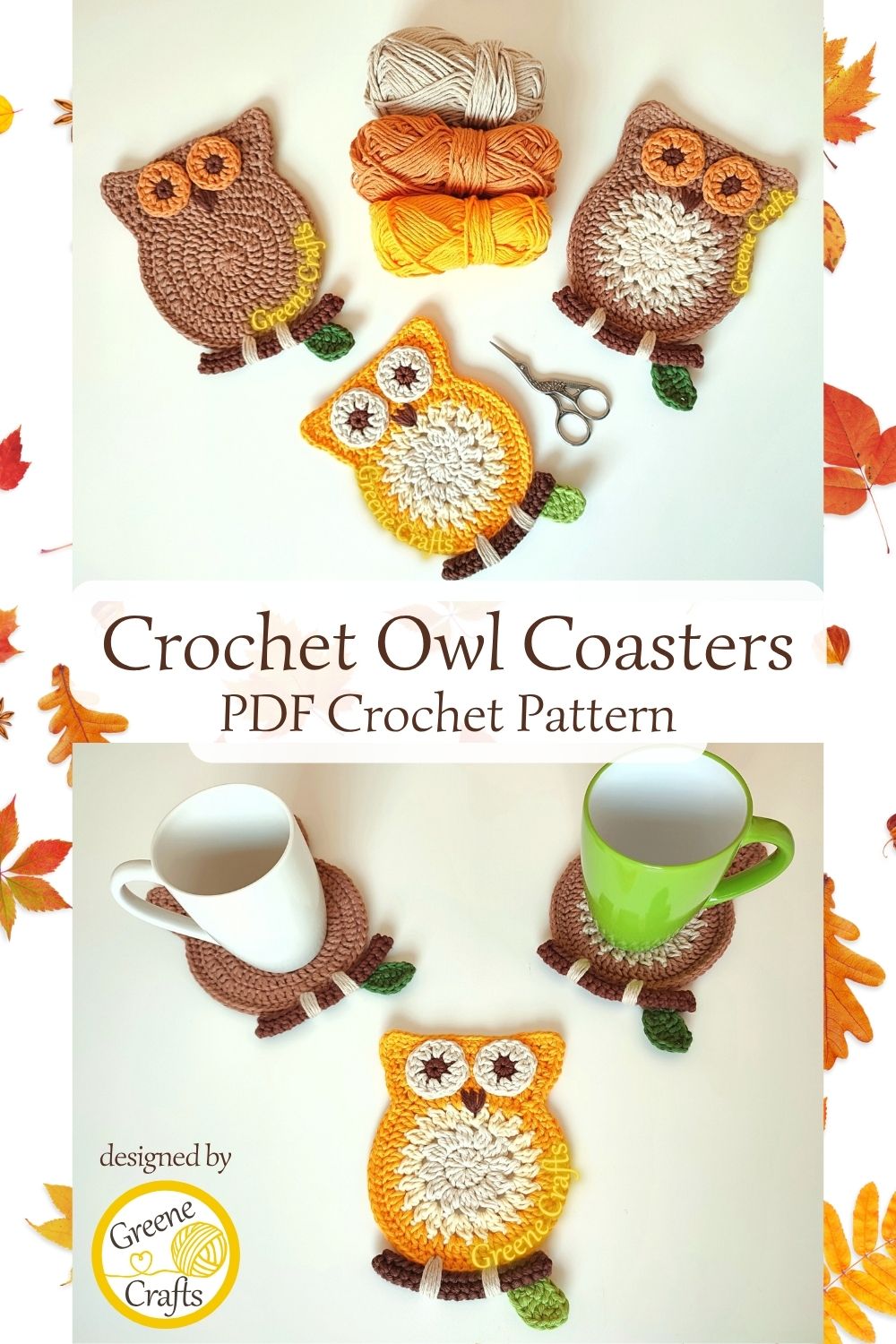 collage showing the two versions of the crochet owl coaster