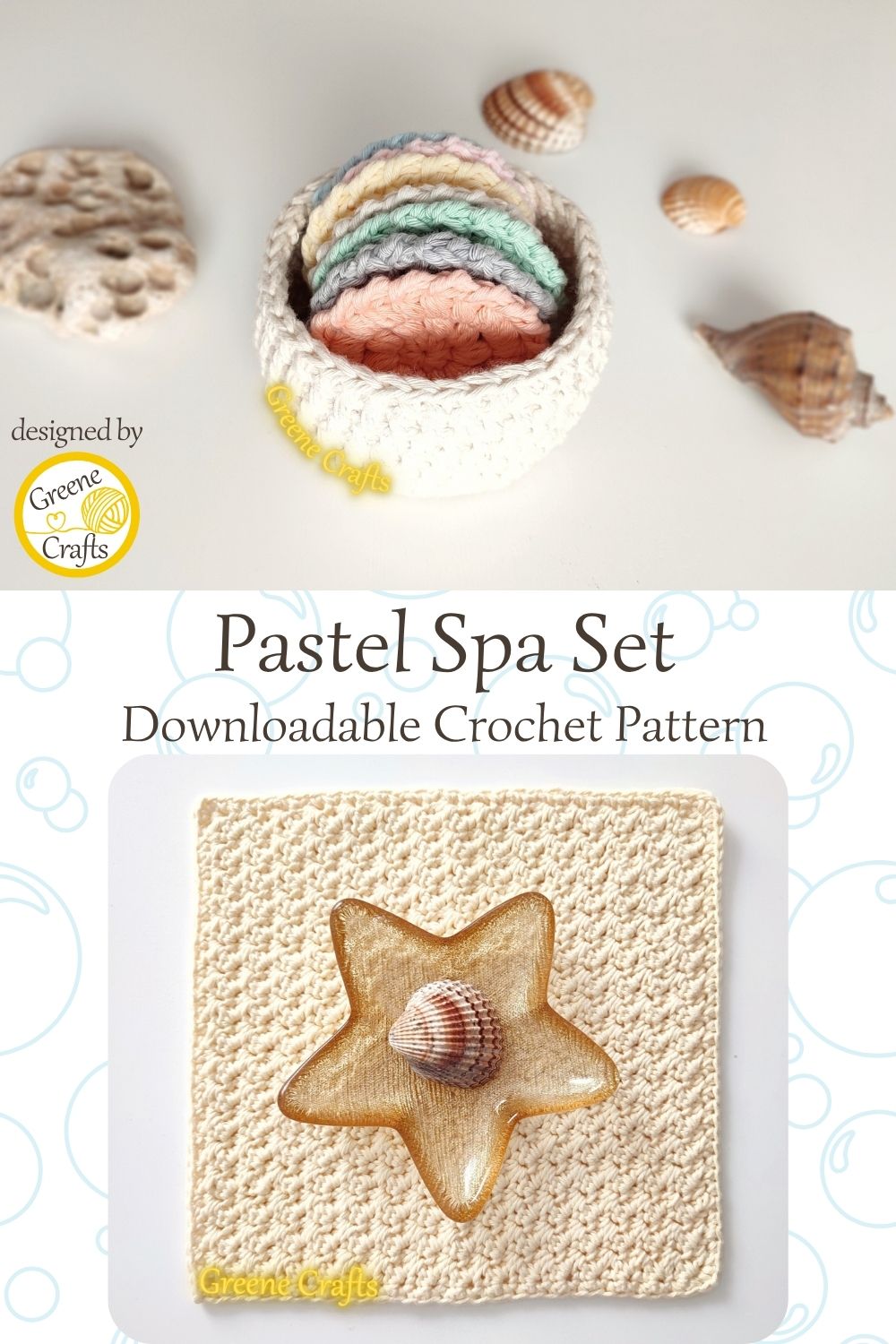 collage with a set of crochet face scrubbies in a small sturdy crochet basket in the upper part, and and a crochet washcloth laid out with a ceramic starfish and a seashell in the lower part