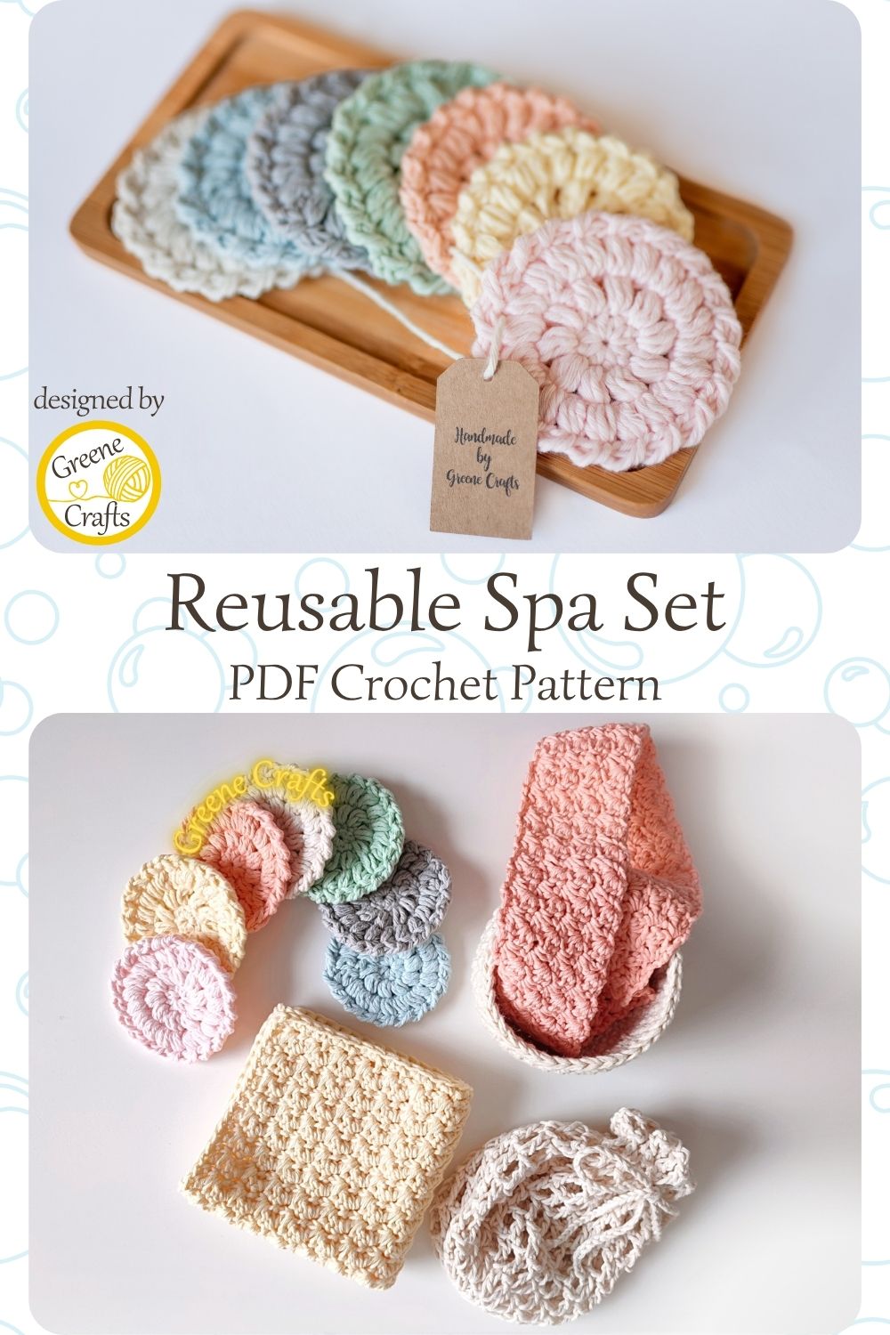 collage with a set of crochet face scrubbies tied together with a handmade tag in the upper part, and the complete five-piece spa set in the lower part