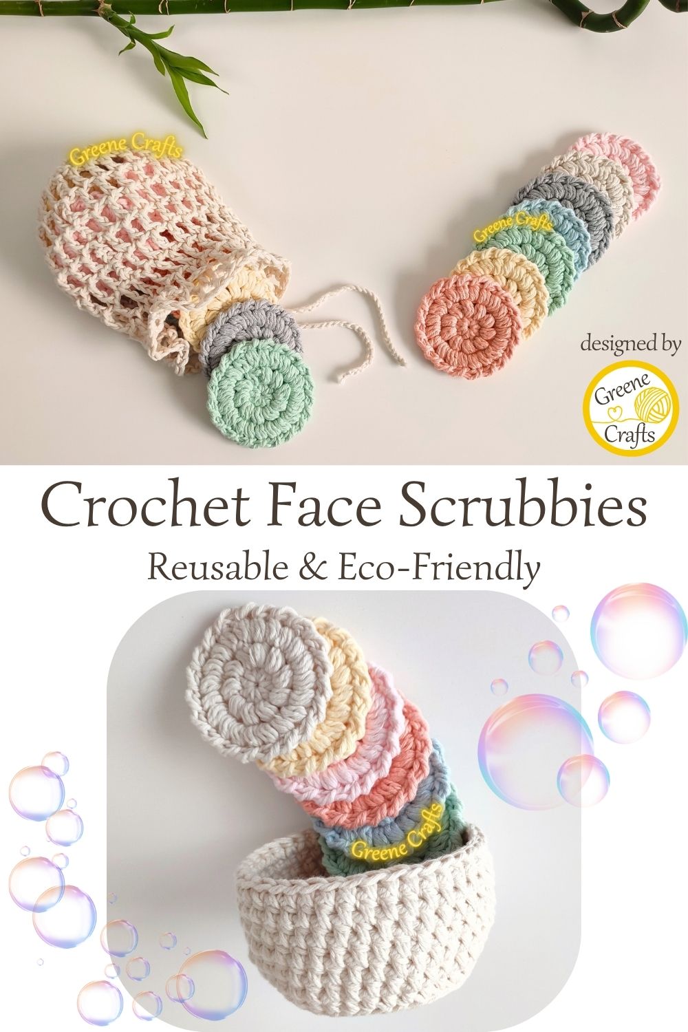 collage with a set of crochet face scrubbies with a crochet laundry bag in the upper part, and the crochet face scrubbies in the crochet basket in the lower part