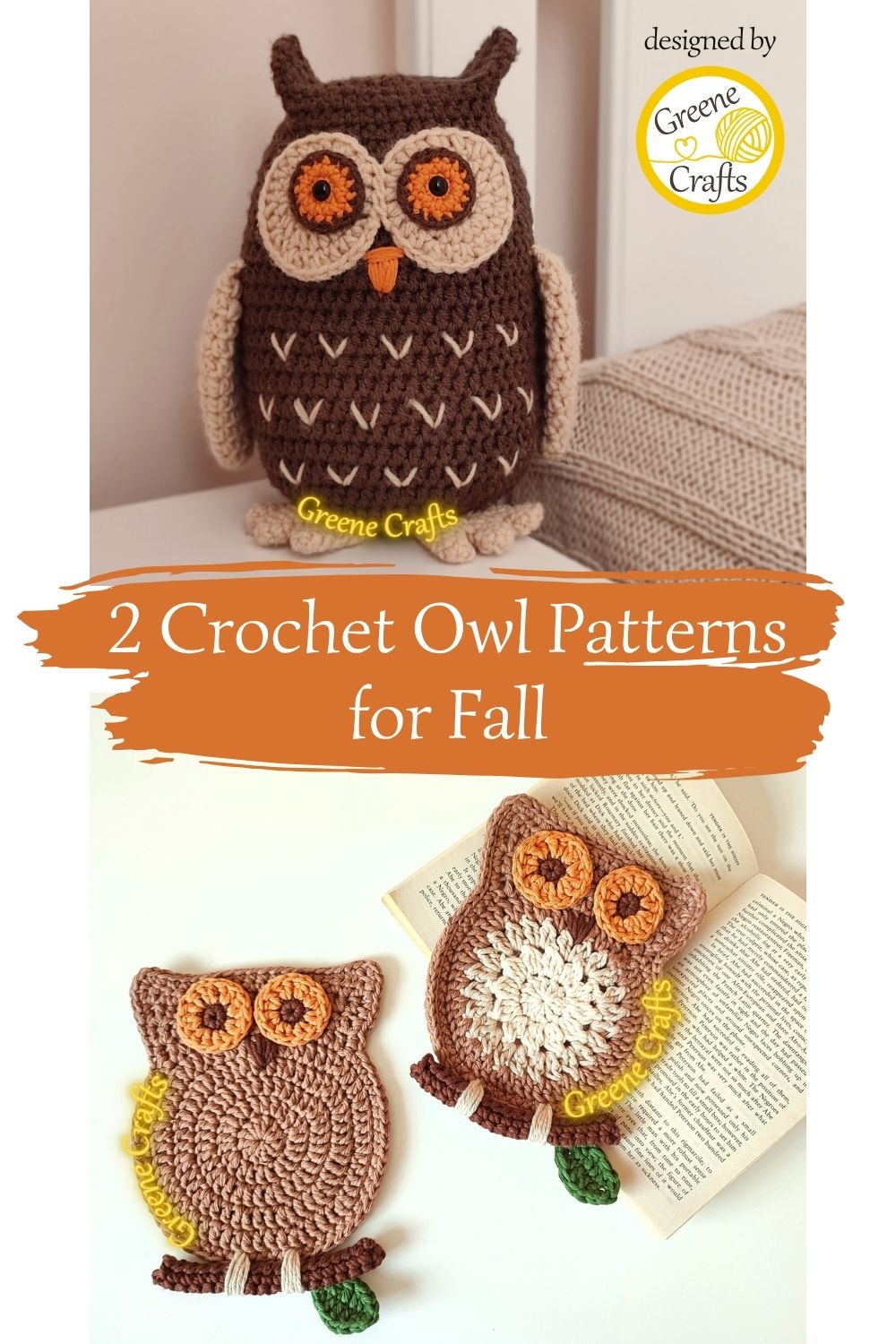 collage with an owl amigurumi in the upper part, and two owl coasters in the lower part